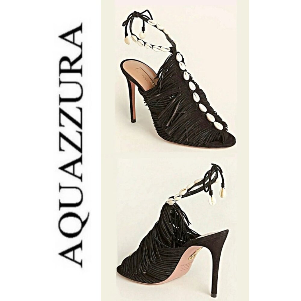 AQUAZZURA So Tulum 105 Fringed Suede Faux-shell Sandals US 8.5/ IT 38 1/2  $1180
